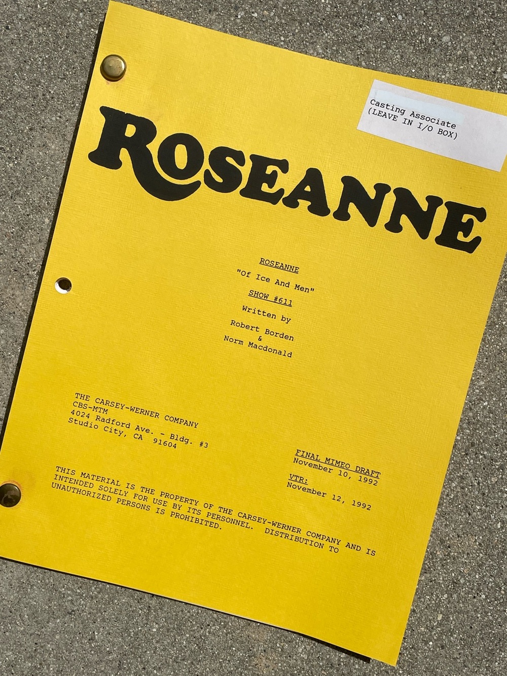 Roseanne Vtg 1992 Production Used Final Mimeo Draft Script Of Ice And Men